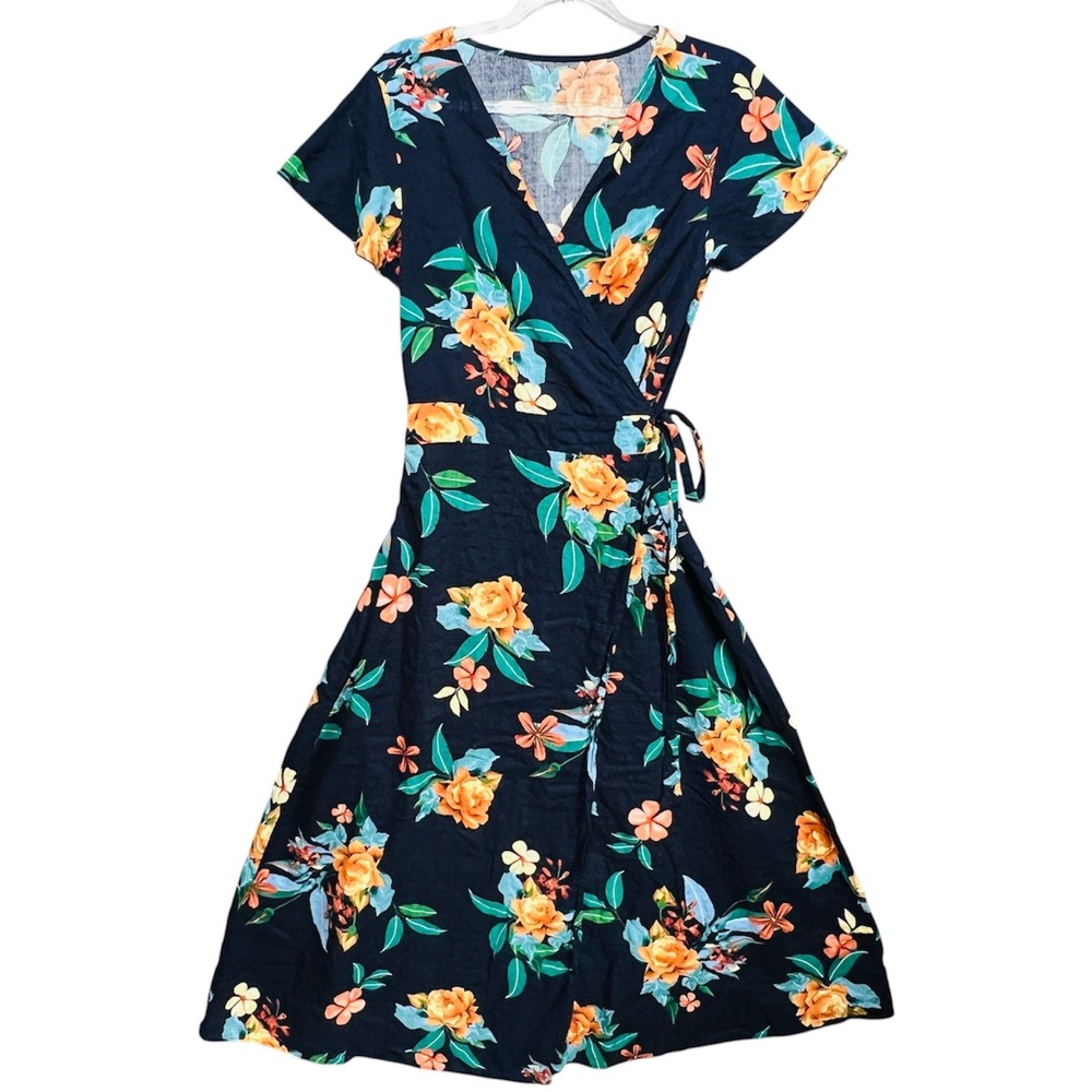 Navy Tropical Floral Cotton Wrap Dress 2XL Short Sleeve Tropical V-Neck Midi